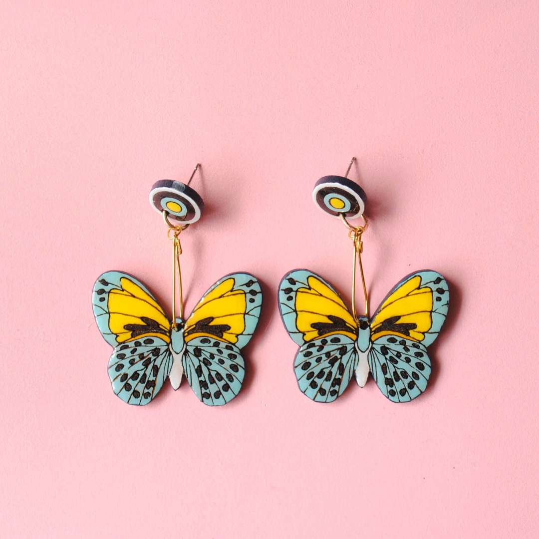 Aretes Mariposas Amarillas-Azul Claro