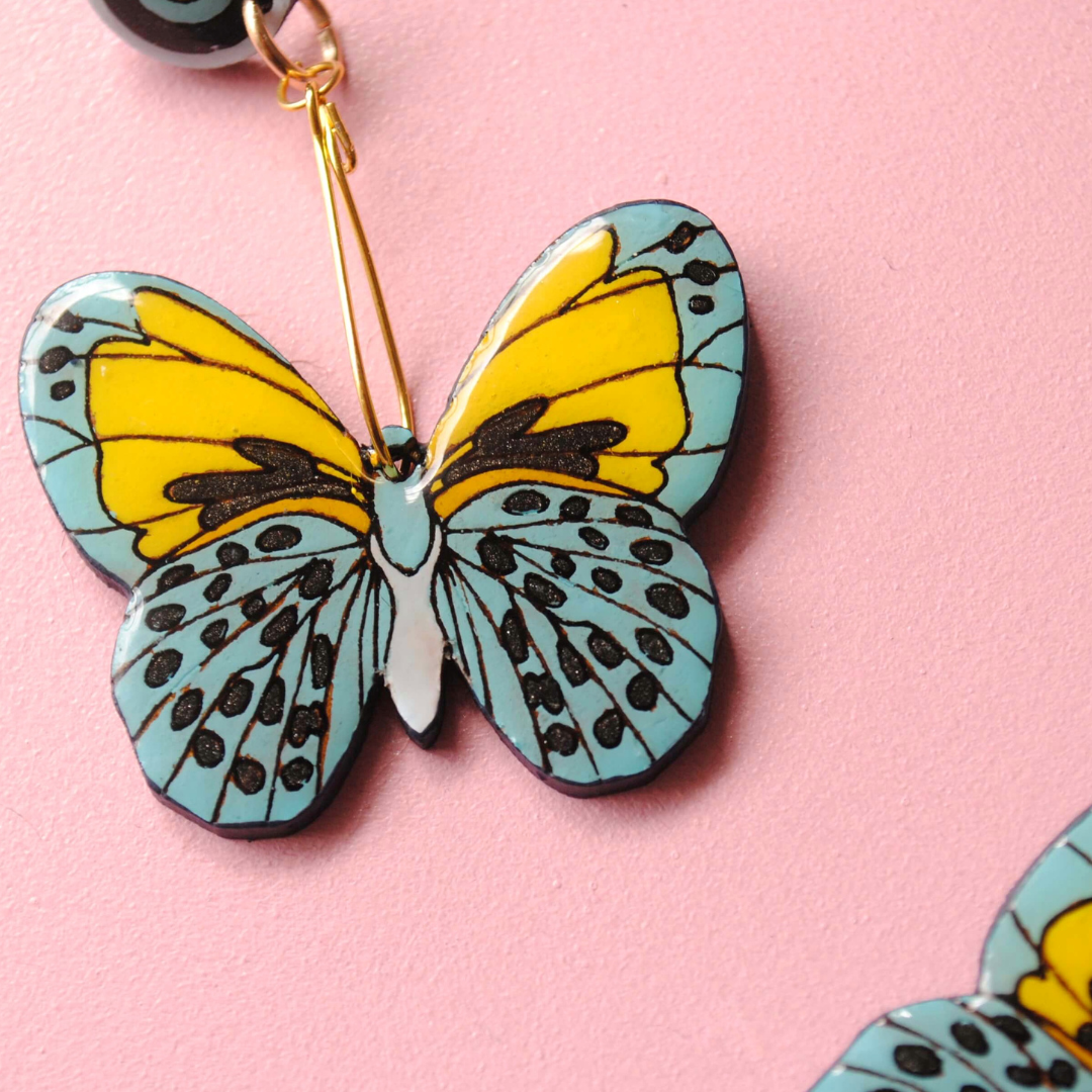 Aretes Mariposas Amarillas-Azul Claro