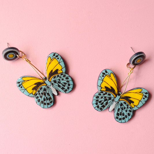Aretes Mariposas Amarillas-Azul Claro